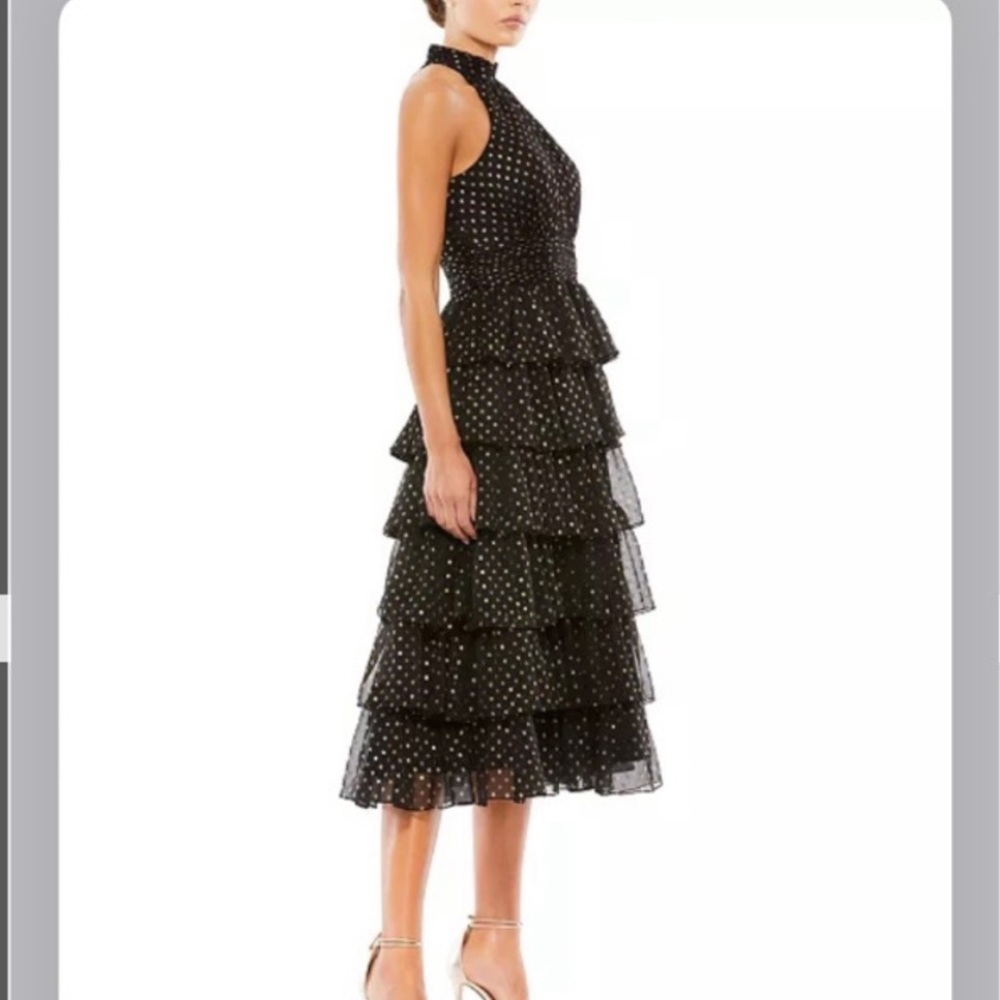 Mac Duggal Black Tiered Polka Dot Midi Dress